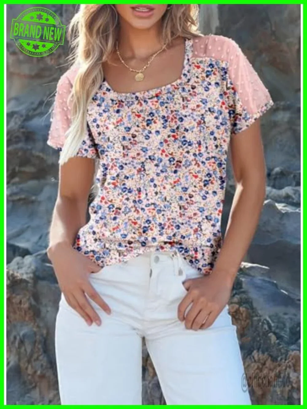 Mesh Sleeve Semi-Sheer Square Neck Blouse Tunic Top